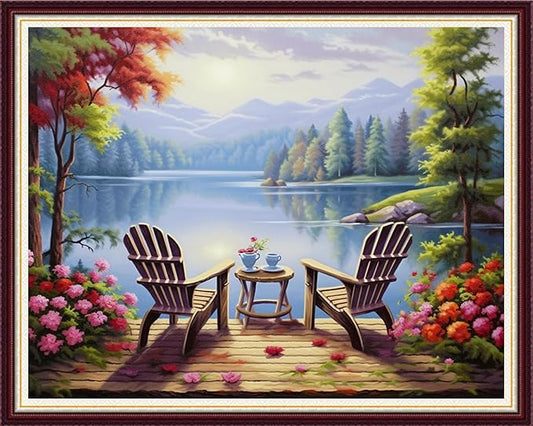 Joycasa Stamped Cross Stitch Kits for Beginners Full Range of Cross Stitching 11 CT Printed Cross Stitch Kit for Adults Cross-Stitch Patterns Needlepoint Kits- Tea and Rest by The Lake 16x20 inchs