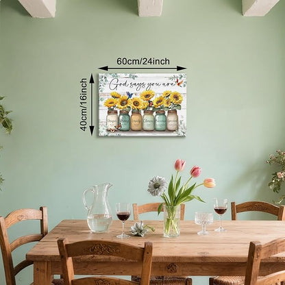 WENGTIAO Christian Sunflower Canvas Wall Art Print God Says You Are Picture Bible Verse Poster Inspirational Scripture Painting Mason Jar Flower Wall Decor Quotes Artwork for Living Room Bedroom 16x24 inch