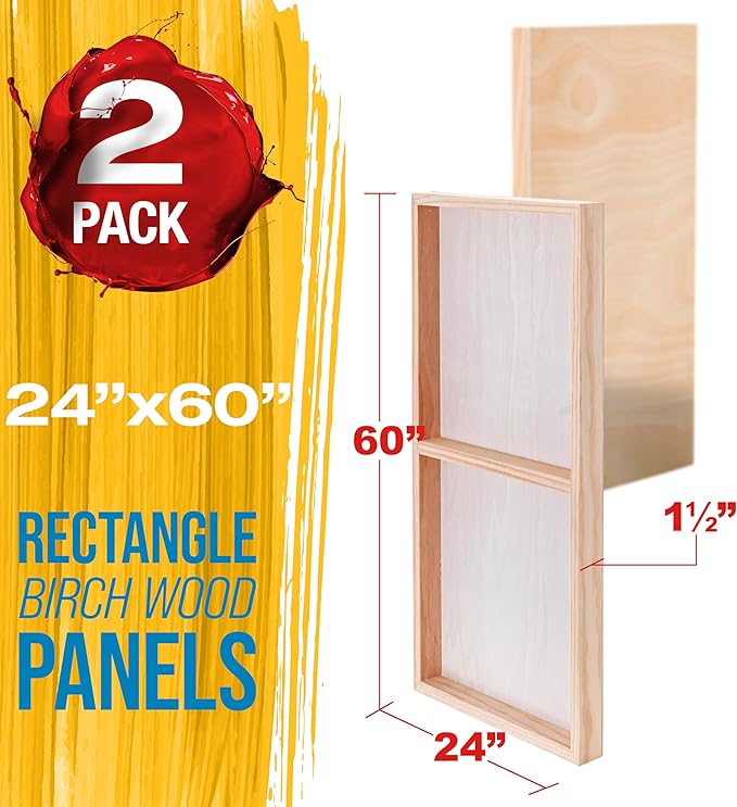 U.S. Art Supply 24" x 60" Unfinished Cradled Wood Panels for Painting, Gallery 1-1/2" Deep (2 Pack) - Artist Depth Wooden Wall Canvases - Mixed-Media Craft, Acrylic, Oil, Encaustic, Paint Pouring