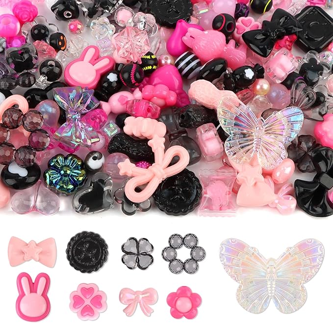 150PCS Acrylic Pastel Beads for Jewelry Making, Kalolary Colorful Bow Butterfly Flower Kawaii Plastic Candy Heart Cute Macaroon Aesthetic Beads for Bracelet Necklace DIY Supplies (Black Rose Pink)