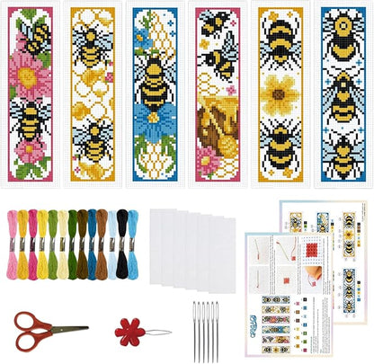 ORIGACH 6 Set Bees Cross Stitch Bookmark Kit for Beginner with Backing Felt Floss Instructions DIY Stamped Embroidery Bookmark Kit for Adults, Book Lovers