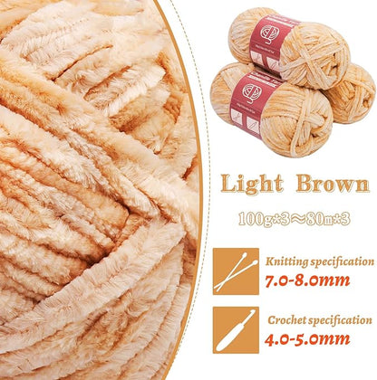 LUNARM Chenille Yarn for Crocheting Knitting, 3 Skein 263 Yard Thick Soft Chunky Fluffy Weaving Plush Yarn for Blankets Clothes Pattern Creations with Big Eye Needles (Light Brown)