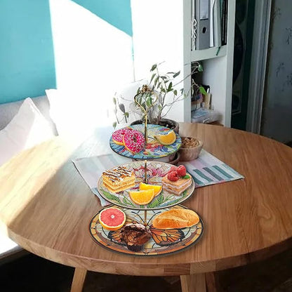 Three-Tier Diamond Painting Wooden Cake Stand DIY Sunflower Diamond Painting Cupcake Towel-Lined Tiered Tray Reusable Pastry Stand (Butterfly)