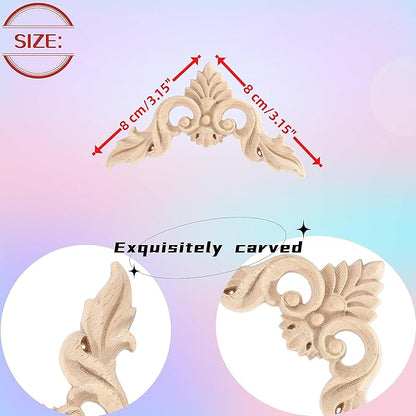 4PCS Corner Wooden Carving Decal Unpainted Wood Appliques Onlays DIY Wood Carved Furniture Appliques Onlays for Wall Bed Door Wardrobe Cabinet Furniture Decoration(08,8x8cm/3.15x3.15inch)