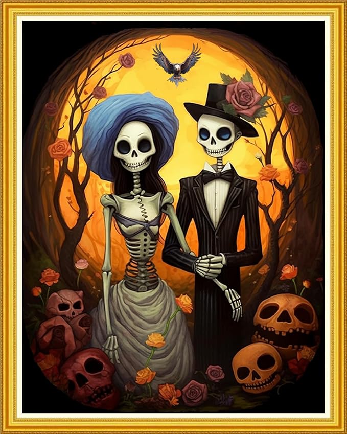 DMCVIVR Stamped Cross Stitch Kits for Beginners Adults Needlepoint Kits for Beginners Embroidery Kits for Adults Crossstitch Kit for Beginners 11CT-Skeleton Couple 16x20 inch