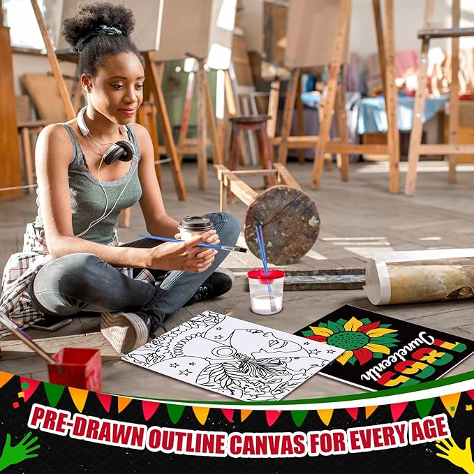 Sherr 140 Pcs 20 Set Pre Drawn Canvas Kit for Painting Craft Sip and Paint Kit for Adults Pre Printed Canvas Painting Favor for Virtual DIY Birthday Gifts Adult's Date Party(Juneteenth)