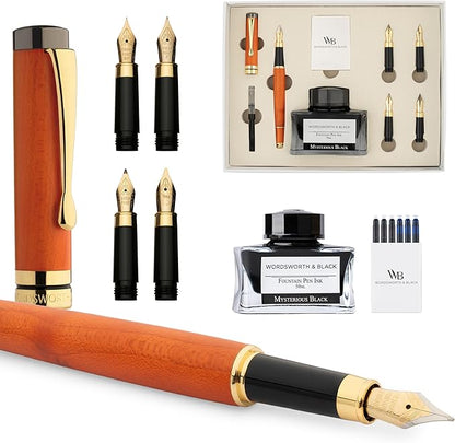Wordsworth & Black Fountain Pen Gift Set, Includes Ink Bottle, 6 Ink Cartridges, Ink Refill Converter, 4 Replacement Nibs, Luxury Bamboo, Journaling, Calligraphy, Smooth Writing Pens [Cherry Wood]