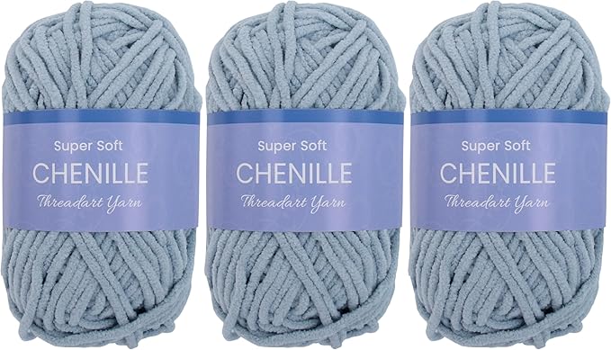 Threadart 3 Pack Super Soft Chenille Yarn for Crocheting, Knitting, Amigurumi, 50 Gram 60 yds #5 Fluffy Yarn Skeins - Dusty Blue