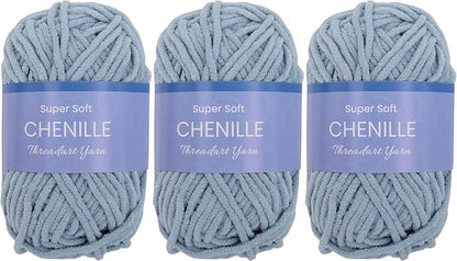 Threadart 3 Pack Super Soft Chenille Yarn for Crocheting, Knitting, Amigurumi, 50 Gram 60 yds #5 Fluffy Yarn Skeins - Dusty Blue