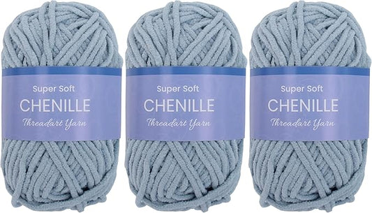 Threadart 3 Pack Super Soft Chenille Yarn for Crocheting, Knitting, Amigurumi, 50 Gram 60 yds #5 Fluffy Yarn Skeins - Dusty Blue