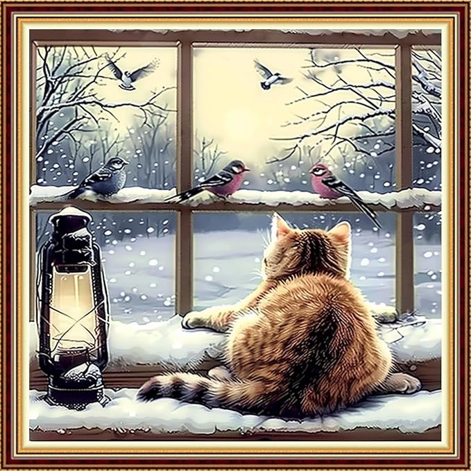 DMCVIVR Stamped Cross Stitch Kits for Adults Beginners Embroidery Kits 11CT Needlepoint Kits Cross Stitch Patterns Embroidery Patterns-Window sill cat Hunts Birds 18x18 inch