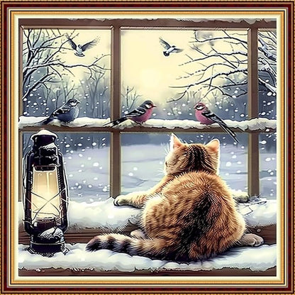 DMCVIVR Stamped Cross Stitch Kits for Adults Beginners Embroidery Kits 11CT Needlepoint Kits Cross Stitch Patterns Embroidery Patterns-Window sill cat Hunts Birds 18x18 inch