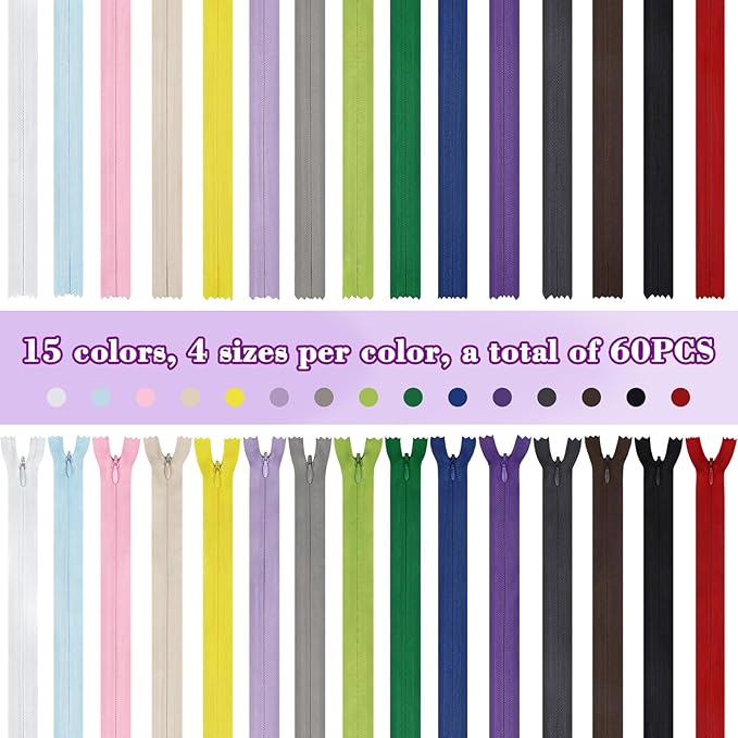 Invisible Zipper, DOITEM 45pcs 6 Inch 8 Inch 10 Inch 12 Inch Invisible Multicolor Nylon Coil Zippers for Sewing and Crafts 15 Colors
