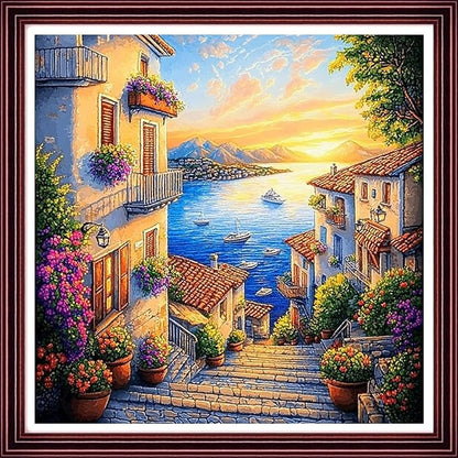 DMCCRAFT Stamped Cross Stitch Kits for Adults 11CT Printed Cross-Stitch Patterns Embroidery Kits Easy Cross Stitching Needlepoint Kits Crossstitch-Seaside Sunrise Scenery 18x18 inch