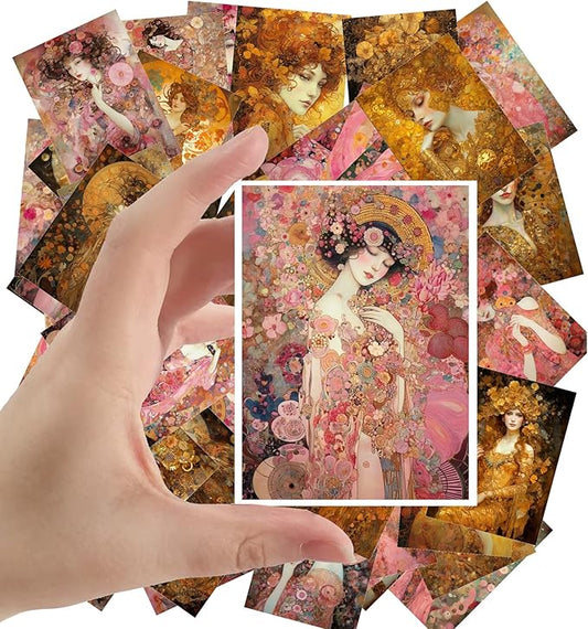 Large Stickers (24 pcs 2.5"x3.5" Each) Peaceful Art Nouveau Portraits of Beautiful Flowery Women in Flowing Dresses Vintage Postcards Retro Greeting Card Book Illustration Reprint