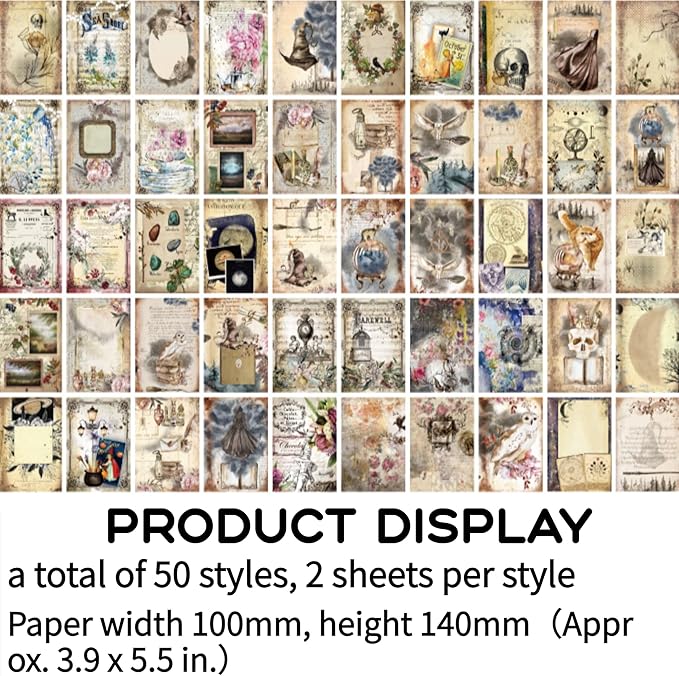 100 Pcs Vintage Scrapbook Paper Set for Junk Journal, Bullet Journaling, Collage DIY, Antique Ephemera Writing Paper for Scrapbooking and Crafts