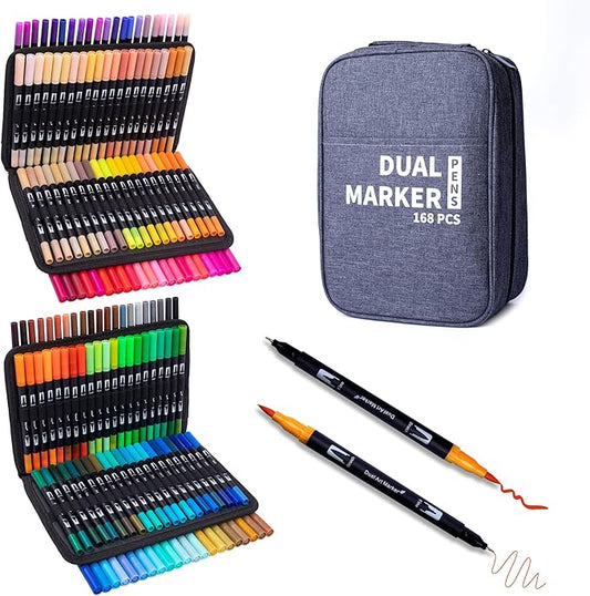 Abvqr Dual Markers Brush Pens, 168 Colors Art Marker Set with Brush and Fine Tips – Premium Art Supplies for Adults, Perfect for Coloring Books, Hand Lettering, Calligraphy, and Drawing