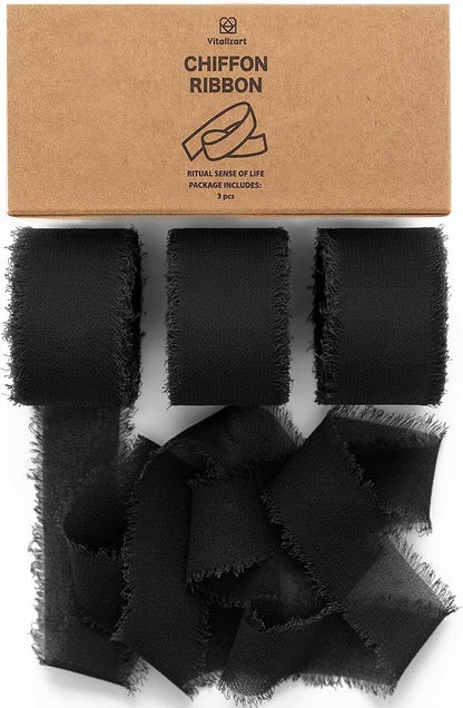 Vitalizart Black Chiffon Silk Ribbon 1" x 21 Yd Fringe Fabric Package (3 Rolls * 7 Yd) for Wedding Invitations Bridal Bouquets Decorations Gifts Wrapping & Bow Making