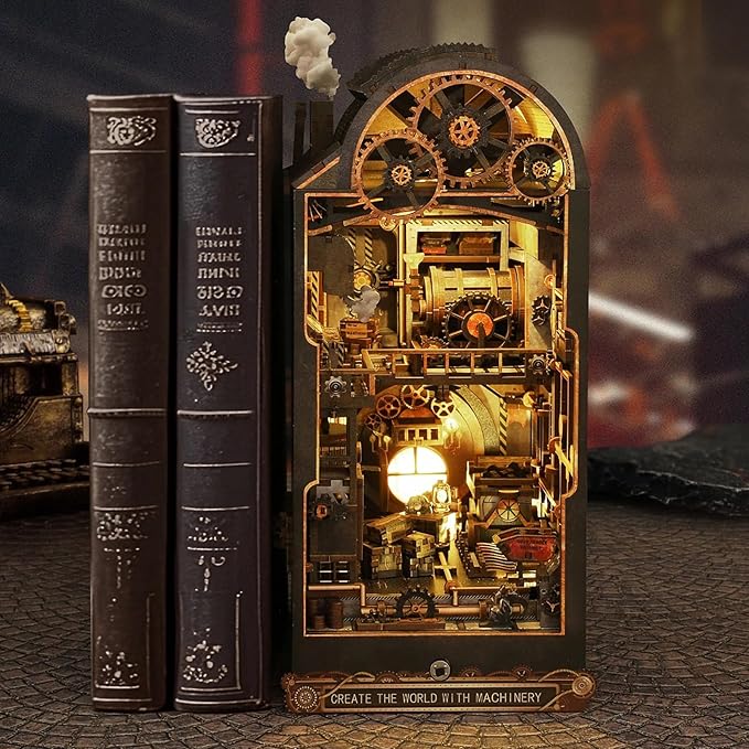 Foyucool DIY Book Nook Kit, Miniature Bookshelf Decor with LED Lights, Laser-Cut Wooden Craft Set for Adults, Creative Gift for Christmas, Birthday, Mechanical World