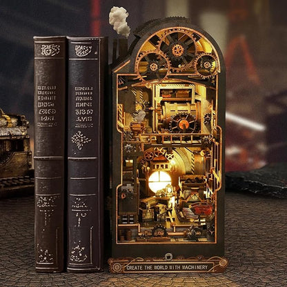 Foyucool DIY Book Nook Kit, Miniature Bookshelf Decor with LED Lights, Laser-Cut Wooden Craft Set for Adults, Creative Gift for Christmas, Birthday, Mechanical World