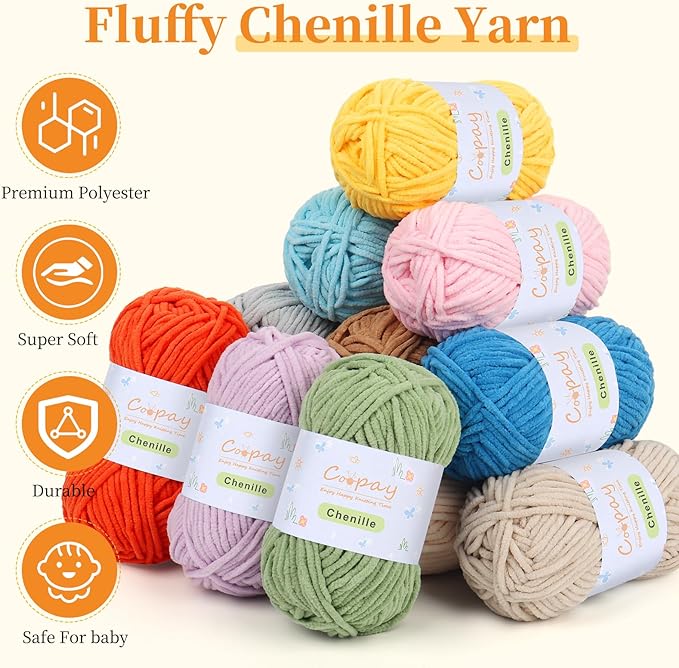 Coopay Chenille Yarn for Crocheting/Knitting, 12 Pack Medium Worsted Weight Yarn of 50g/1.76oz - Total 780yd, Soft Velvet Crochet Yarns for Plush Toys, Baby Blankets, Scarves (Colorful)
