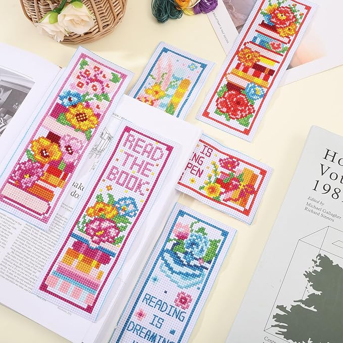 ORIGACH 6 Pcs Cross Stitch Bookmark Kit for Beginner Book Flower Stamped Embroidery Stitch Kits for Starter DIY Bookmarks Printed Cross Stitch Kits for Book Lovers