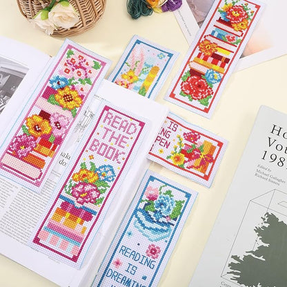 ORIGACH 6 Pcs Cross Stitch Bookmark Kit for Beginner Book Flower Stamped Embroidery Stitch Kits for Starter DIY Bookmarks Printed Cross Stitch Kits for Book Lovers
