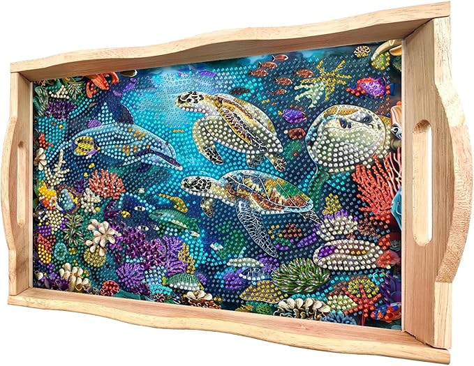 DOTSOPS Landscape Diamond Art Painting Wooden Serving Trays with Handles Tray with Handles,Big Gem for Parties Home Decor (12x16 Inches)