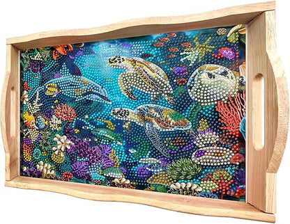 DOTSOPS Landscape Diamond Art Painting Wooden Serving Trays with Handles Tray with Handles,Big Gem for Parties Home Decor (12x16 Inches)