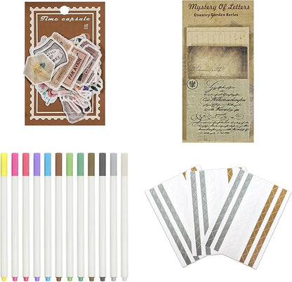 Vienrose Scrapbooking Supplies Kit, Aesthetic Scrapbook Accessories with Stickers, Textured Papers, 12 Metal Pens and 3 Corner Stickers, Art Journaling Supplies for Scrapbook Album, Bullet Journaling
