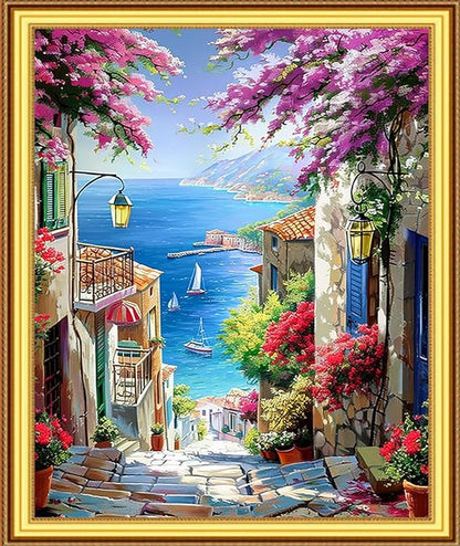 Foxnyart Stamped Cross Stitch Kits Full Range of Embroidery Needlework Starter Kits for Beginners Adults 11CT Embroidery Patterns Art Crafts DIY Needlepoint Kit-Seaside Floral Scenery 16x20 inchs