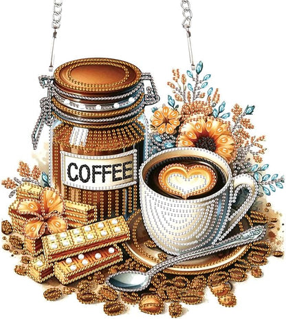 Diamond Art Painting Pendant Kits with Hanging Chain 5D Diamond Art Hanging Kit DIY Diamond Crystal Window Door Hanging Pendant Kit for Adults Gift Wall Home Christmas Decoration 25.2x23.3 cm, Coffee