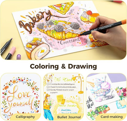 Ohuhu Markers Brush Tip 80-colors with 72-sheet Coloring Book - Double Tipped Markers for Adults Coloring Books - Art Marker Set Bundles with 100% Bleed-proof Pages - Fine & Brush Dual Tips
