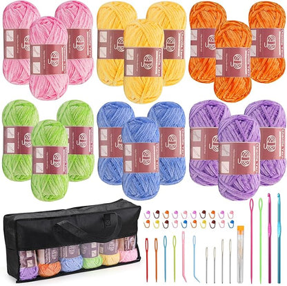 LUNARM 18 Skeins Chenille Yarn for Crocheting, Handmake Weaving Thick Soft Chunky Yarn for Blankets Clothes Crochet Craft with Crochet Hooks Needles Stitch Markers,3.53oz/Skein(Macaron Series)
