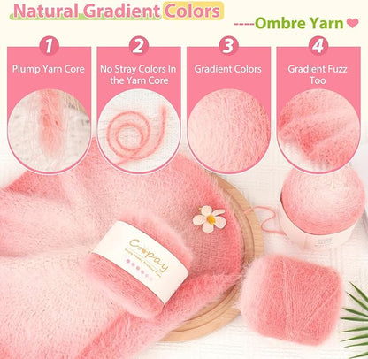 Coopay Ombre Yarn for Crocheting and Knitting - 4 Pack Dual Gradient Yarn Cake with Plush of 100g/3.52oz - 190m/207yds - 38% Wool, 40% Nylon, 22% Acrylic for Sweaters, Hats, Scarves (Pink Cherry)