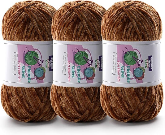 3 Skeins Soft Fluffy Velvet Yarn, Chenille Chunky Yarn for Hand Knitting and Crocheting DIY Craft, Amigurumi Crochet Yarns（3×196.8yds, 3×3.5oz） (Dark Brown)