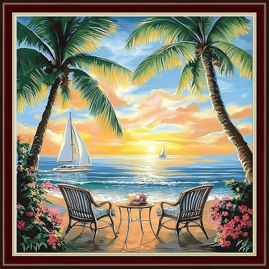 Dimensean Stamped Cross Stitch Kits Full Range of Embroidery Patterns Starter Kits for Beginners Adult DIY Cross Stitches Needlepoint Kits 11CT-Afternoon Tea by The Sea 18x18 inch