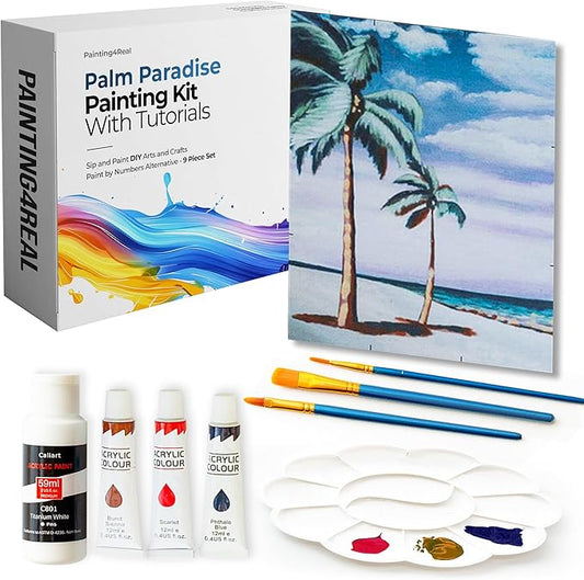 Painting4Real DIY Art Painting Kit for Adults – Learn to Paint Palm Paradise with Video Tutorials – 9 Pieces Acrylic Paint Set for Adults –Perfect Christmas Crafts & Holiday Gifts for Art Lovers