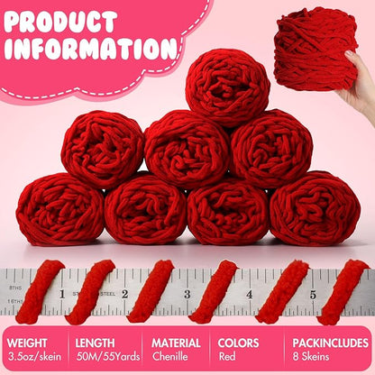 Buryeah 8 Pack Chunky Chenille Yarn for Crocheting Soft Thick Fluffy Yarn for Hand Knitting Bulky Velvet Blanket Plush for Weaving DIY Crafts Each 3.5 oz 55 Yards (Red)