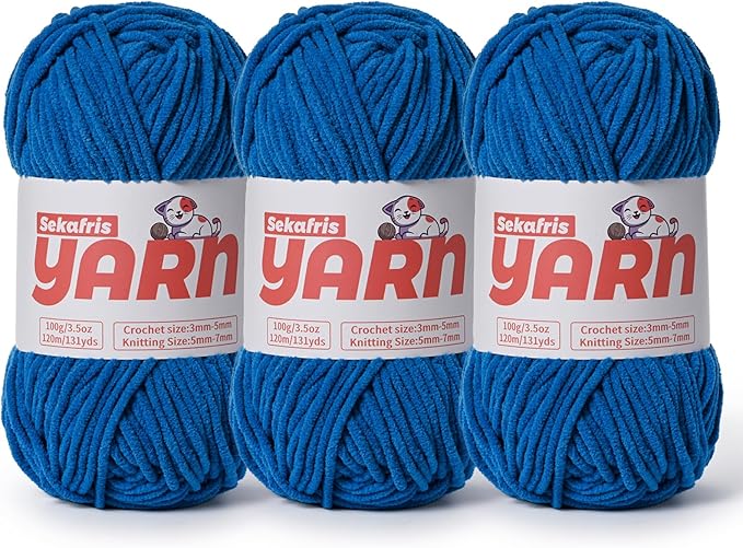 3 Pack Plush Chunky Chenille Yarn for Crocheting, Soft Fluffy Velvet Yarn for Crocheting, Fuzzy Baby Blanket Knitting Yarn, 300g/393yds Bulky Amigurumi Yarns（3 Blue）