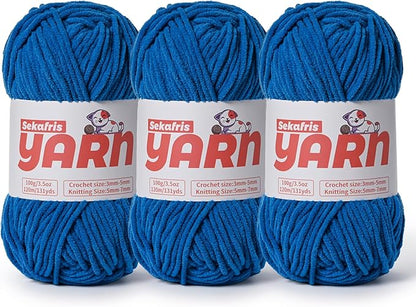 3 Pack Plush Chunky Chenille Yarn for Crocheting, Soft Fluffy Velvet Yarn for Crocheting, Fuzzy Baby Blanket Knitting Yarn, 300g/393yds Bulky Amigurumi Yarns（3 Blue）