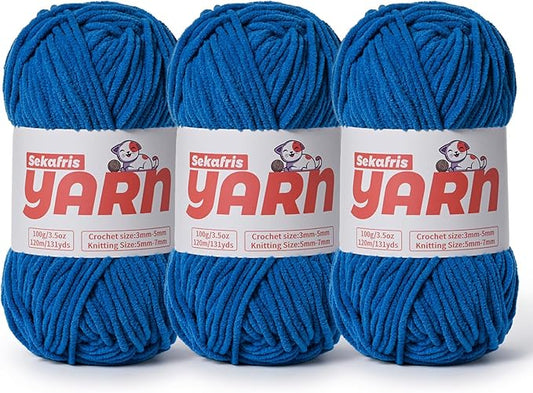 3 Pack Plush Chunky Chenille Yarn for Crocheting, Soft Fluffy Velvet Yarn for Crocheting, Fuzzy Baby Blanket Knitting Yarn, 300g/393yds Bulky Amigurumi Yarns（3 Blue）