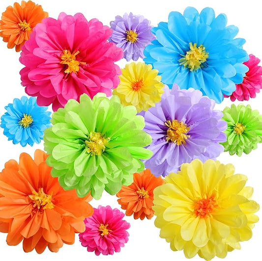 12 Pcs 10" 20" Giant Mexican Fiesta Paper Flowers Colorful Tissue Crepe Flowers Pom Poms Craft for Floral Party Backdrop Wedding Birthday Party (Cool Color)