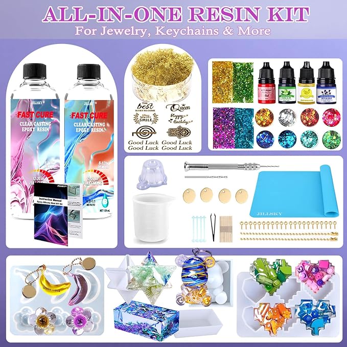 JILLSKY Epoxy Resin Kit 16oz with Molds & Storage Box, Fast Cure Clear Casting Resin for Jewelry Making, Keychains, Coasters, and DIY Crafts with Pigments & Glitter
