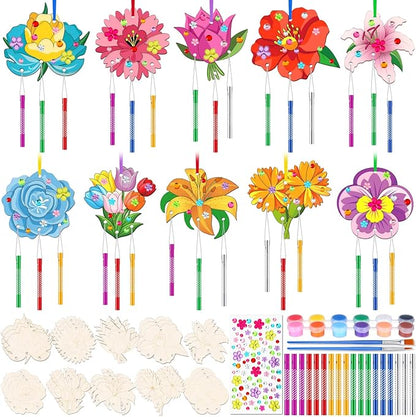 Colingmill 30 Pack Spring Flower Wind Chime Kit Make You Own Crafts Wind Chimes Outdoors Decorative DIY Coloring Wooden Crafts for Spring Gift Art Room Birthday Party Favors