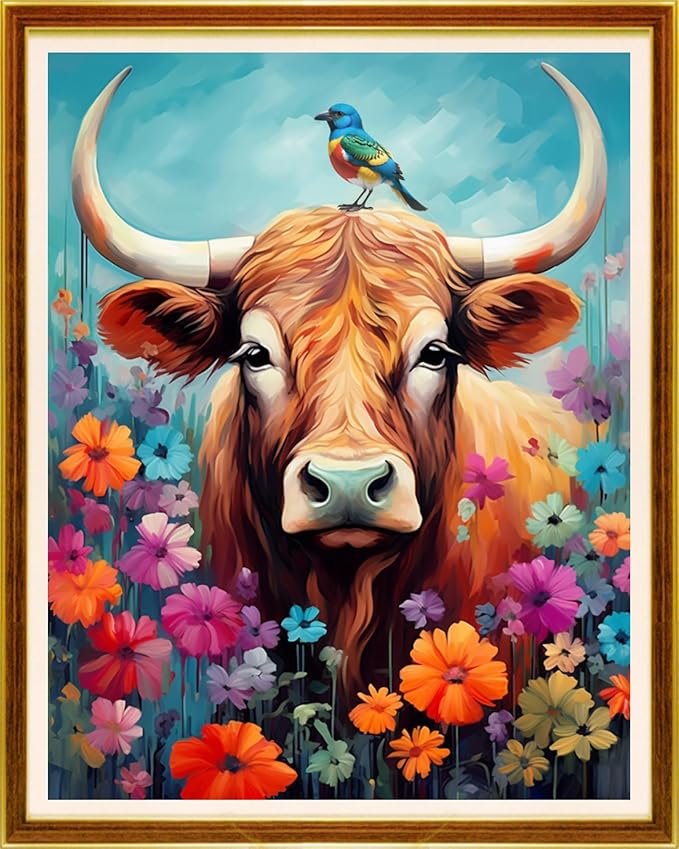 Joycasa Stamped Cross Stitch Kits for Beginners Full Range of Cross Stitching 11 CT Printed Cross Stitch Kit for Adults Cross-Stitch Patterns Needlepoint Kits-Colorful Flower Cow 16x20 inchs