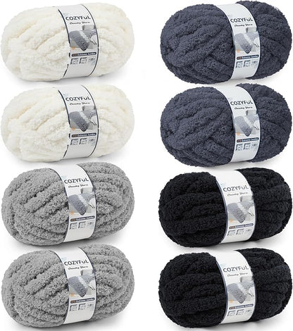 Chunky Yarn for Hand Knitting - #10 Chunky Chenille Yarn, Jumbo Big Thick Chunky Yarns for Crocheting, Super Bulky Chunky Knit Blanket Yarns, 8 Skein (25yd, 8oz/Skein), Cream & Multi Grey
