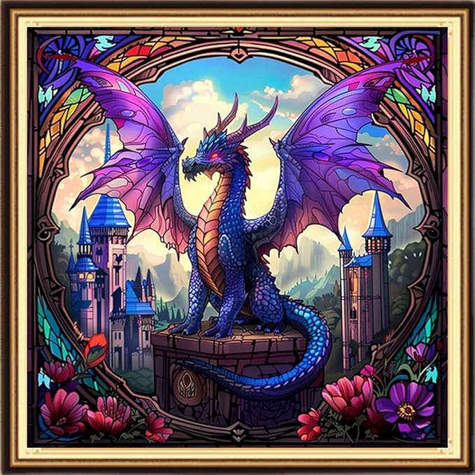 DMCVIVR Stamped Cross Stitch Kits for Adults Beginners Embroidery Kits 11CT Needlepoint Kits Cross Stitch Patterns Embroidery Patterns-Blue Wing Dragon Castle 18x18 inch