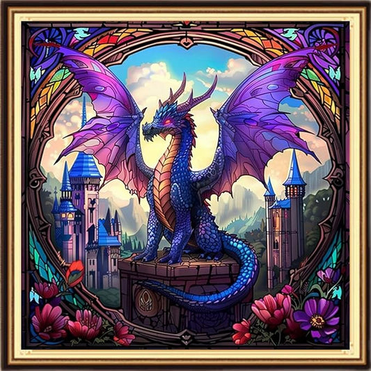 DMCVIVR Stamped Cross Stitch Kits for Adults Beginners Embroidery Kits 11CT Needlepoint Kits Cross Stitch Patterns Embroidery Patterns-Blue Wing Dragon Castle 18x18 inch