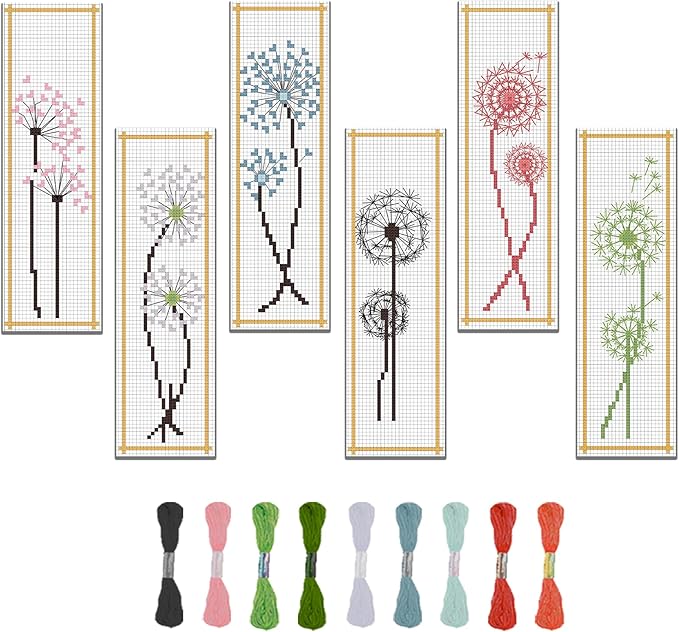 FREEBLOSS 6 Set Cross Stitch Bookmark Kit Dandelion Pattern Counted Cross Stitch Kit with Instruction Embroidery Bookmarks for DIY Embroidery Kit for Adults 8''x2.4''